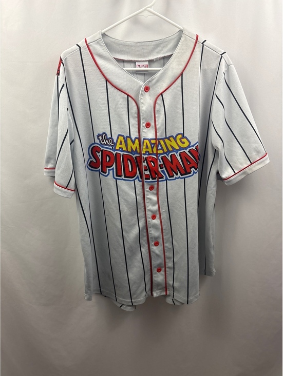 Marvel Tops - Marvel The Amazing Spiderman Mens White Pinstripe Baseball Jersey XL